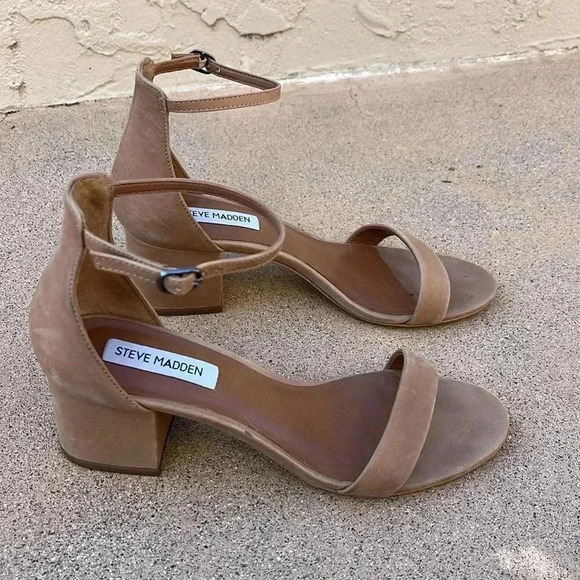 Steve Madden Irenee Block Leather Heels Sandals Ankle Strap Open Toe Neutral 8 - Picture 2 of 9